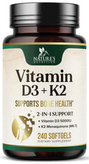 Nature's Nutrition D3K2 softgels bottle on table highlighting bone support potential.
