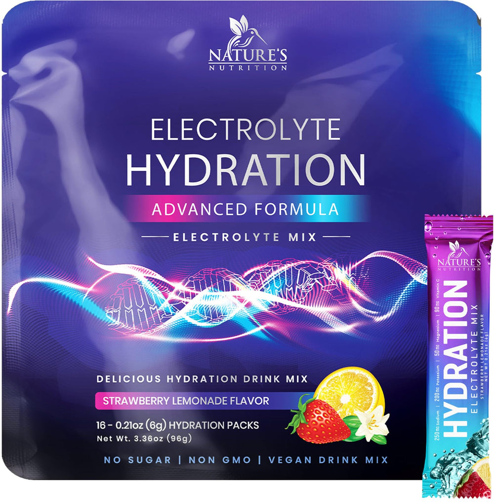 Nature's Nutrition electrolytes packet front view showcases strawberry lemon flavor for sugar-free hydration.