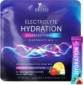 Nature's Nutrition electrolytes packet front view showcases strawberry lemon flavor for sugar-free hydration.