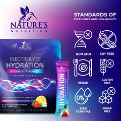 Nature's Nutrition electrolytes packet with water bottle ready for refreshing mix.