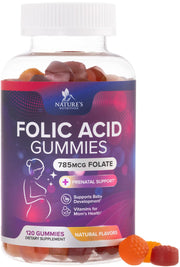 Nature's Nutrition Folic Acid Gummies bottle showing 785mcg per gummy for prenatal support.