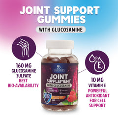 Nature's Nutrition Joint Support Gummies label emphasizes glucosamine and vitamin E blend.