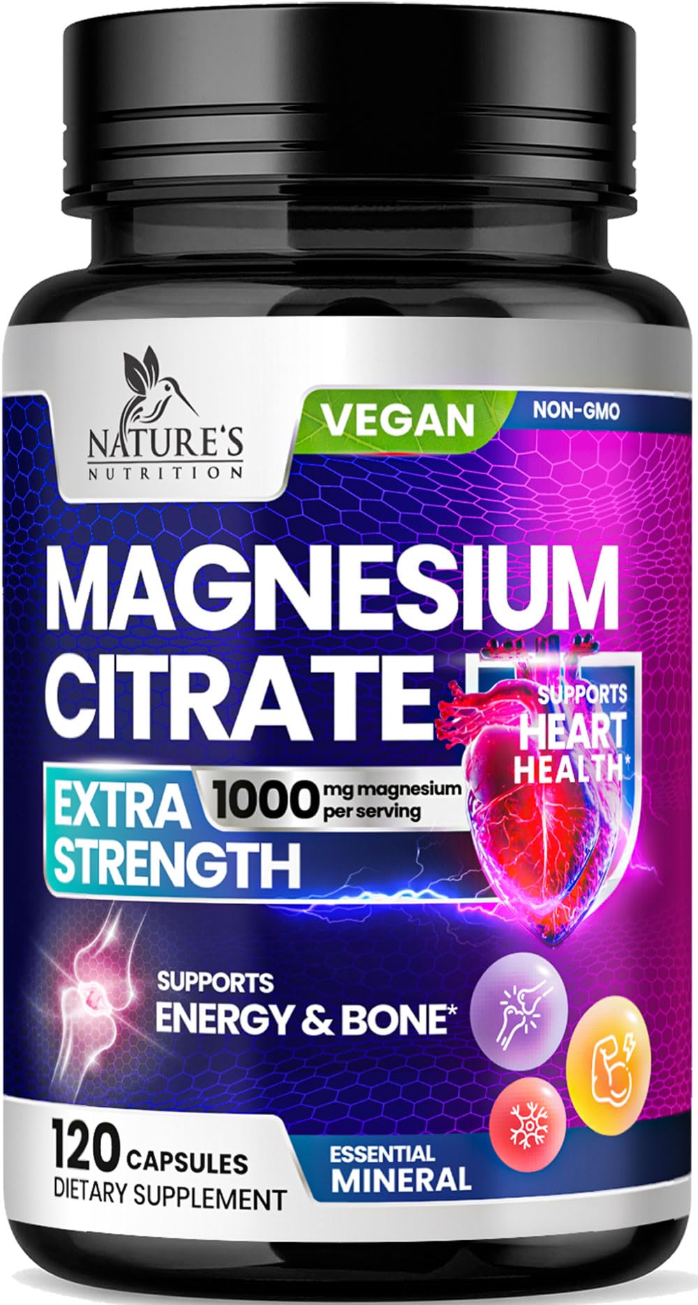 Nature's Nutrition Magnesium Citrate 1000mg bottle front view for daily bone and muscle support.