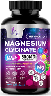 Nature's Nutrition Magnesium Glycinate 250mg bottle highlights a highly absorbable daily supplement.