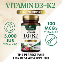 Nature's Nutrition MK-7 K2 with D3 5000 IU aids calcium delivery to bones
