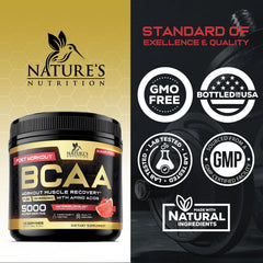 Nature's Nutrition Muscle Recovery bottle shows BCAA and L-glutamine for muscle support