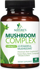 Nature's Nutrition Mushroom Brain Supplement bottle front highlights a high-strength 10-in-1 blend for focus.