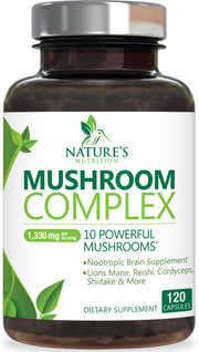 Nature's Nutrition Mushroom Brain Supplement bottle with capsules for focus support