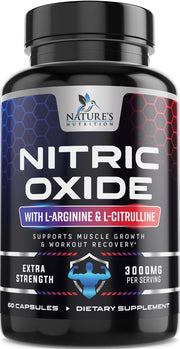 Nature's Nutrition Nitric Oxide Booster 3000mg bottle with capsules for steady energy.