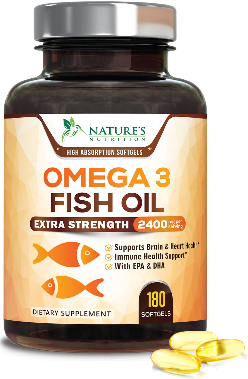 Nature's Nutrition Omega-3 2400mg bottle on shelf for daily wellness.