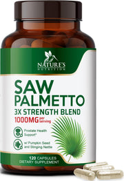 Nature's Nutrition Saw Palmetto 1000mg bottle shown for prostate health support.