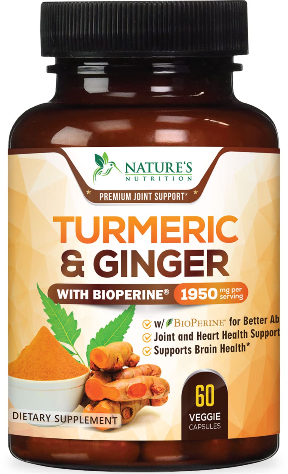 Nature's Nutrition Turmeric Curcumin 1950mg bottle label highlighting 95% curcuminoids.