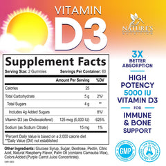 Close-up of Nature's Nutrition Vitamin D3 gummies showing bright berry color.