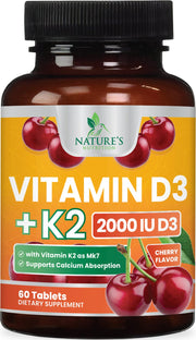 Nature's Nutrition Vitamin D3 K2 bottle front promotes bone and immune support.