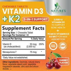 Nature's Nutrition Vitamin D3 K2 bottle label highlights non-GMO chewables for daily use.