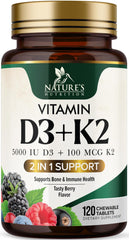 Nature's Nutrition Vitamin D3 K2 chewable berry tablet for daily immune and bone support.