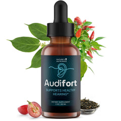 Nature’s NutriWave Audifort Drops bottle closeup showing plant-based wellness support