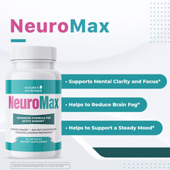 NeuroMax capsules close-up highlighting non-GMO, stimulant-free supplement.