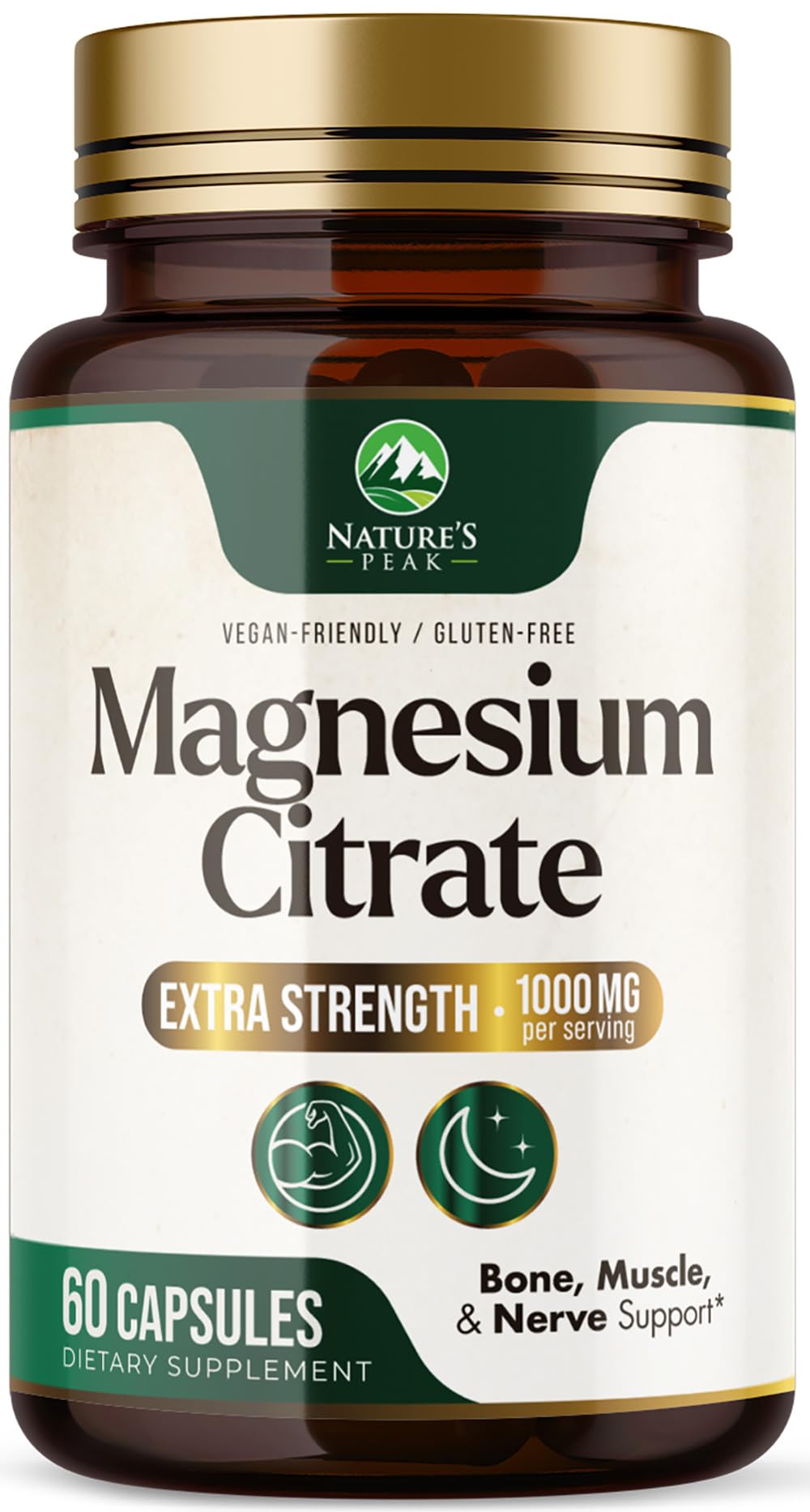 Nature's Peak Magnesium Citrate 1000mg bottle shows high-absorption mineral formula for daily energy