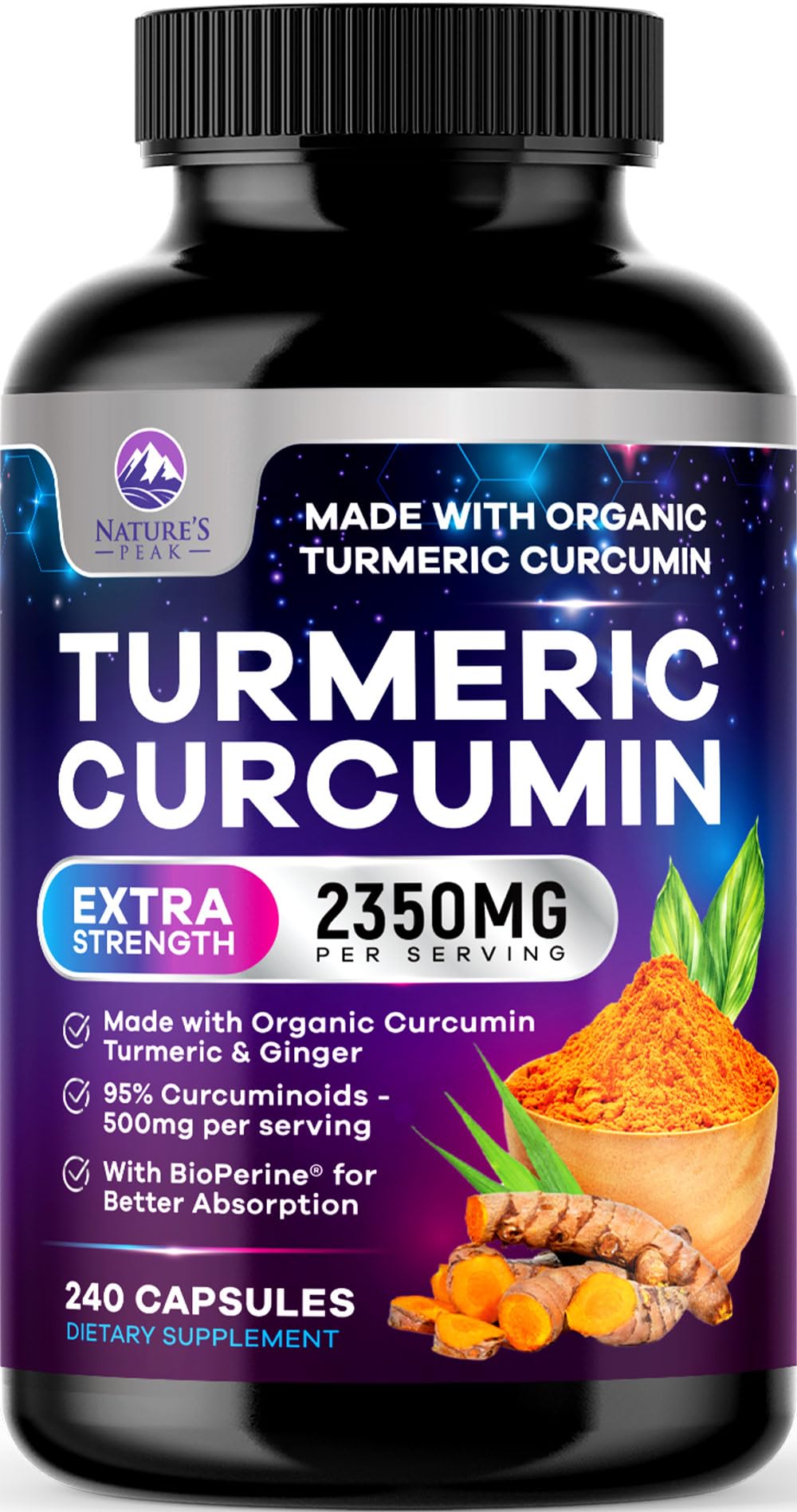 Nature's Peak Turmeric Curcumin 2350mg bottle front showing potency and packaging