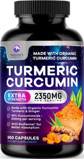 Nature's Peak Turmeric Curcumin 2350mg bottle highlights high-potency formula.