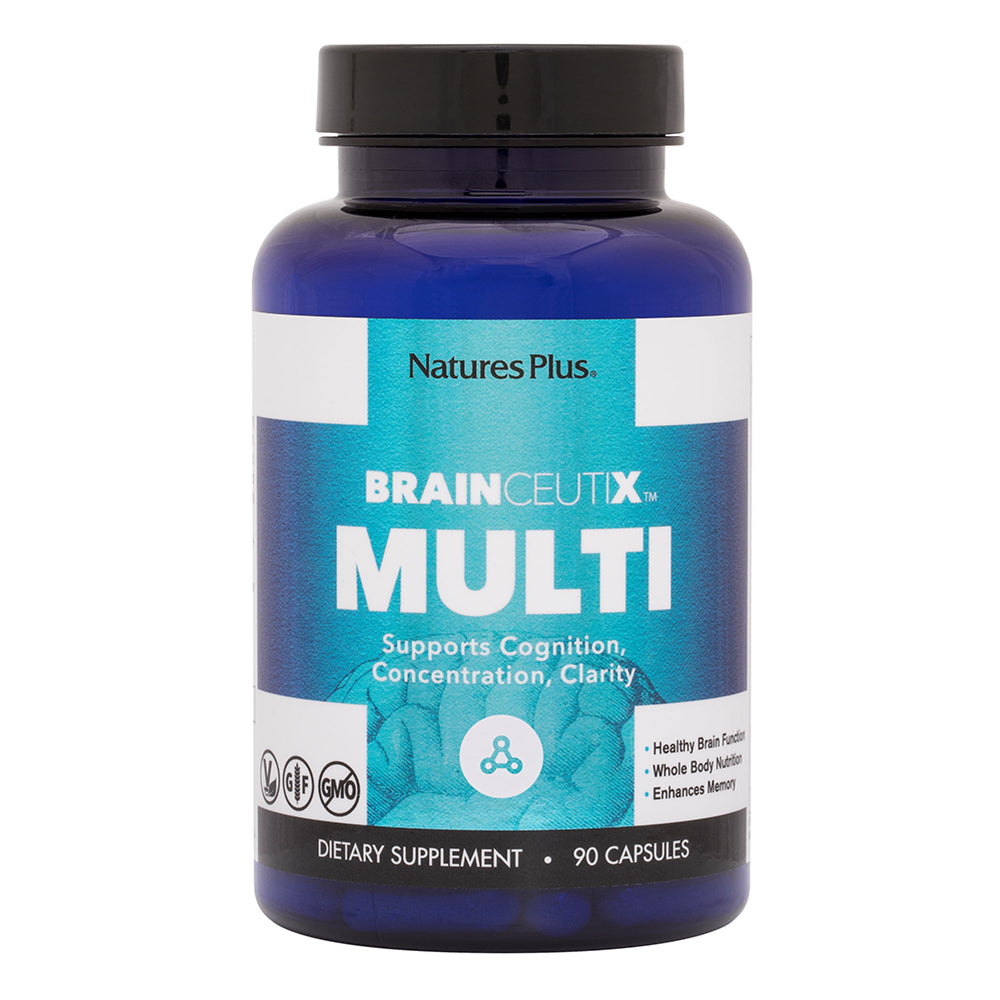 Nature's Plus BrainCeutix bottle pouring capsules for daily cognitive support.