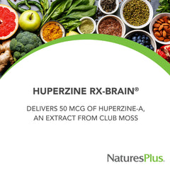 Nature's Plus Huperzine Rx‑Brain tablets close-up for focused mental clarity on demand.