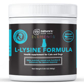 Nature's Pure Edge L-Lysine powder bottle promotes immune support for cats and dogs.