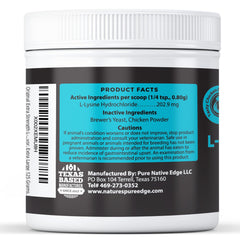 Nature's Pure Edge L-Lysine powder pour demonstrates easy daily dosing for pets.
