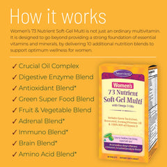 Nature's Secret Women’s 73-Nutrient Soft-Gel Multi soft gels spread communicates convenient daily supplementation.