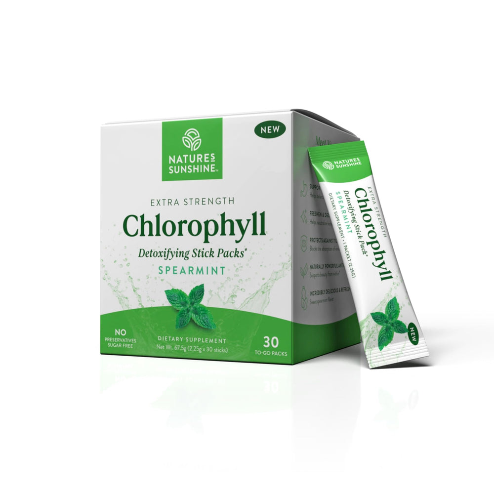 Nature's Sunshine Chlorophyll Stick Packs are ready to mix in water for a refreshing drink.