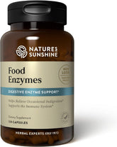 Nature's Sunshine Food Enzymes bottle pour demonstrates convenient digestive support after meals.