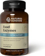 Nature's Sunshine Food Enzymes bottle pour demonstrates convenient digestive support after meals.