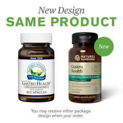Nature's Sunshine Gastro Health capsules closeup, herbal blend supporting comfortable digestion.