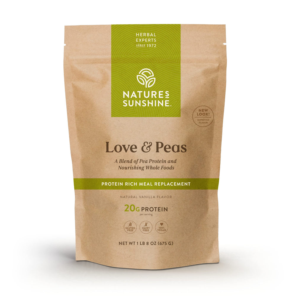 Nature's Sunshine Love and Peas bag front view, plant-based protein per serving.