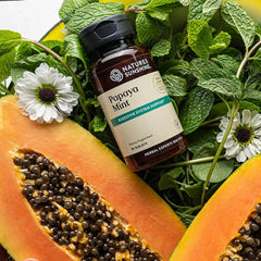 Closeup of Nature's Sunshine Papaya Mint bottle showing convenient daily use.