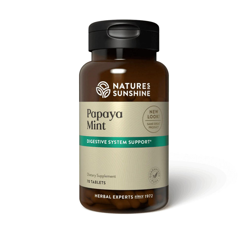 Nature's Sunshine Papaya Mint chewable tablets for digestion support and breath freshening.