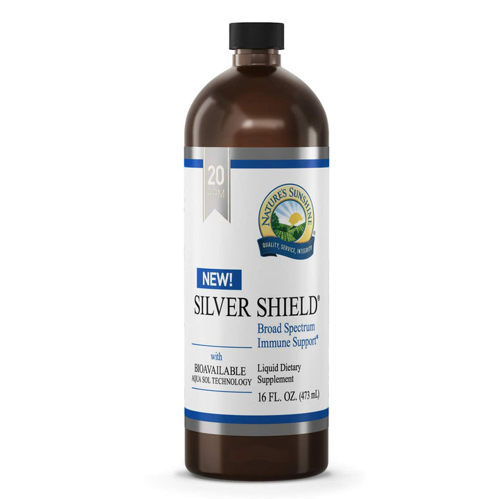 Nature's Sunshine Silver Shield Liquid 16oz bottle on the counter for daily use