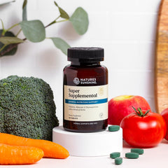 Nature's Sunshine Super Supplemental bottle opened, ready for daily use.