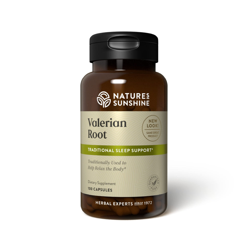 Nature's Sunshine Valerian Root capsules bottle suggesting calm relaxation and sleep support.