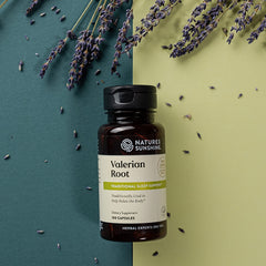 Nature's Sunshine Valerian Root label highlighting herbal blend and nervous system support.
