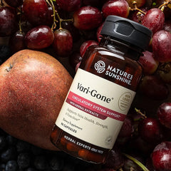 Vari-Gone capsules close-up highlighting herbal vein support formula