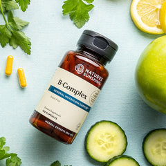 Nature's Sunshine Vitamin B-Complex 100 bottle sideways display highlighting product label