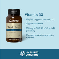 Close-up of Nature's Sunshine Vitamin D3 tablets highlighting high potency