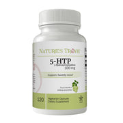 Nature's Trove 5-HTP 100mg capsules bottle supports daily calm routines.