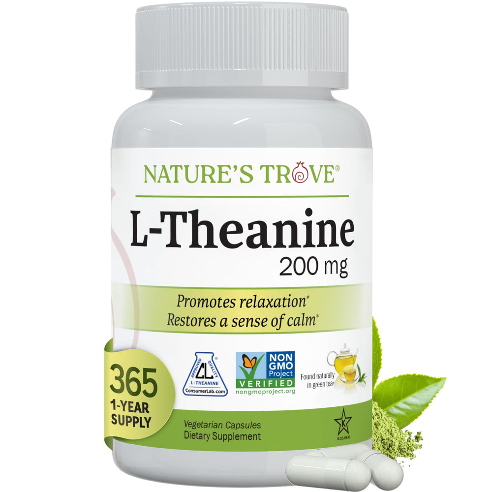 Nature's Trove L-Theanine 200mg capsules bottle promotes calm focus for daily use.