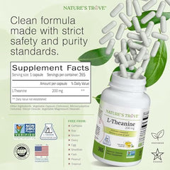 Nature's Trove L-Theanine 200mg label close-up, vegan capsules for a clean daily supplement.