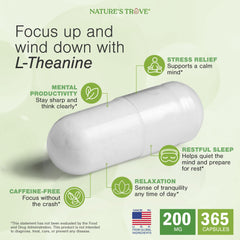 Bottle opened with Nature's Trove L-Theanine 200mg capsules ready for your routine.