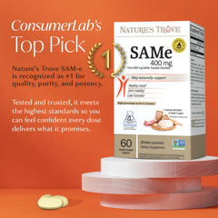Nature's Trove SAM-e 400mg caplets close-up showing enteric coating for absorption.