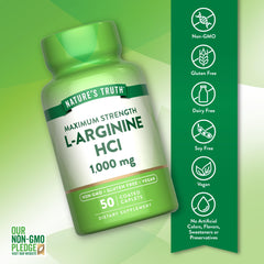 Nature's Truth L-Arginine HCL 1000mg label highlights ingredients and quality.